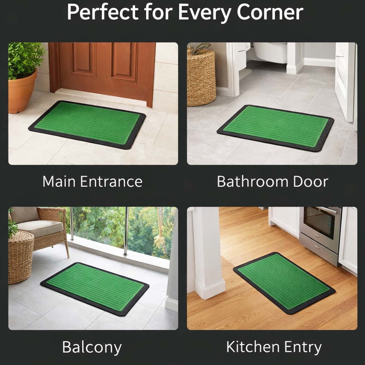 GoHooked green rubber door mat with ribbed texture and black border, shown in home entrance, kitchen, and bathroom.
