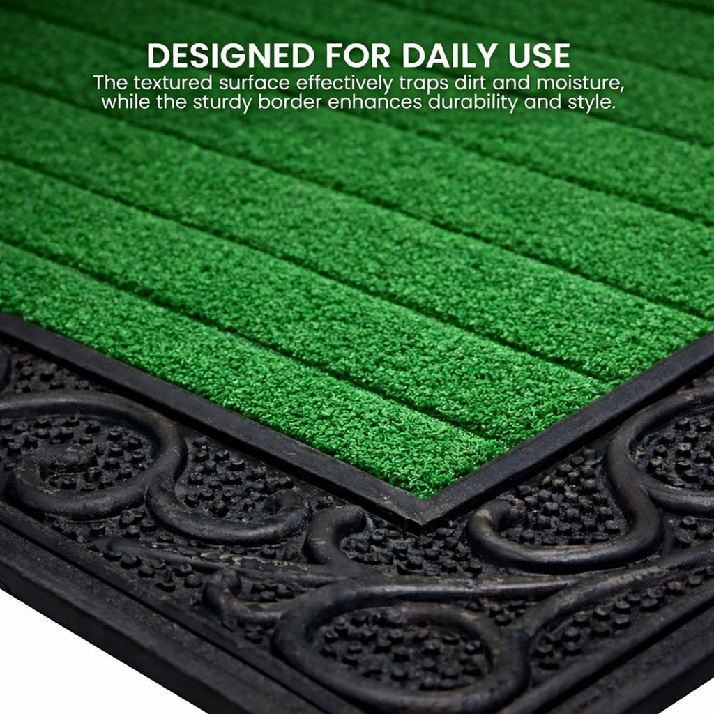 GoHooked green rubber door mat with a ribbed surface and a decorative black scrollwork border for home entrance.