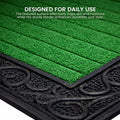 GoHooked green rubber door mat with a ribbed surface and a decorative black scrollwork border for home entrance.