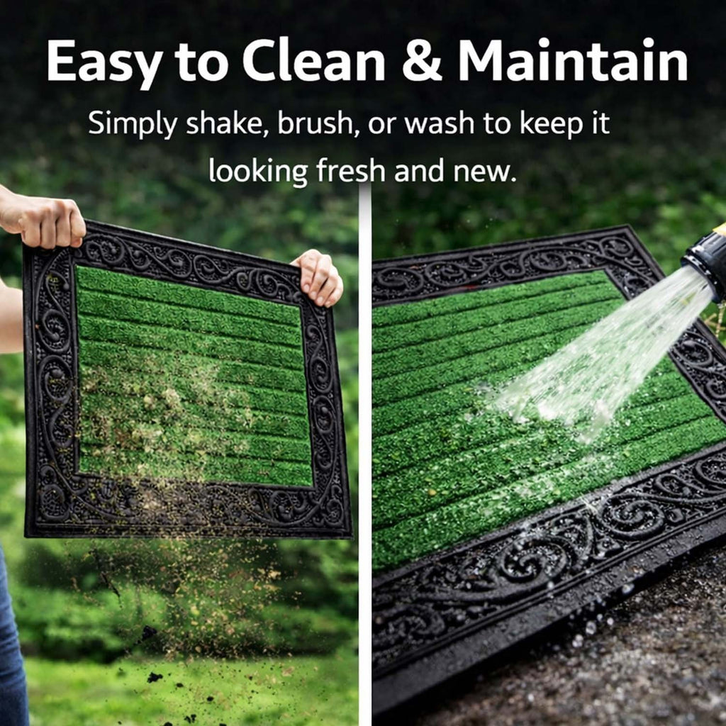 GoHooked green rubber door mat with a decorative black border and ribbed surface being cleaned outdoors.
