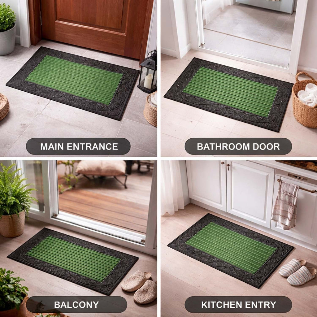 GoHooked green rubber door mat with ribbed surface and decorative border, shown in home entrance and kitchen settings.