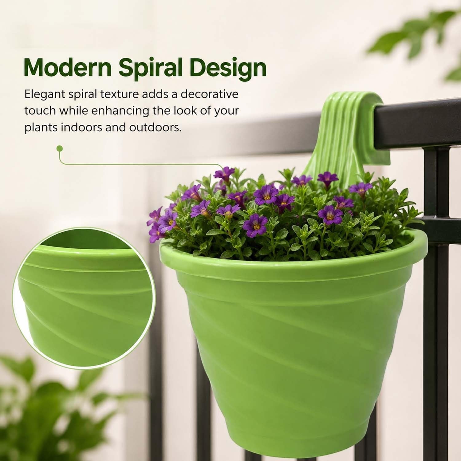 GoHooked green plastic hanging planter with a spiral twister texture, mounted on a black balcony railing with flowers.