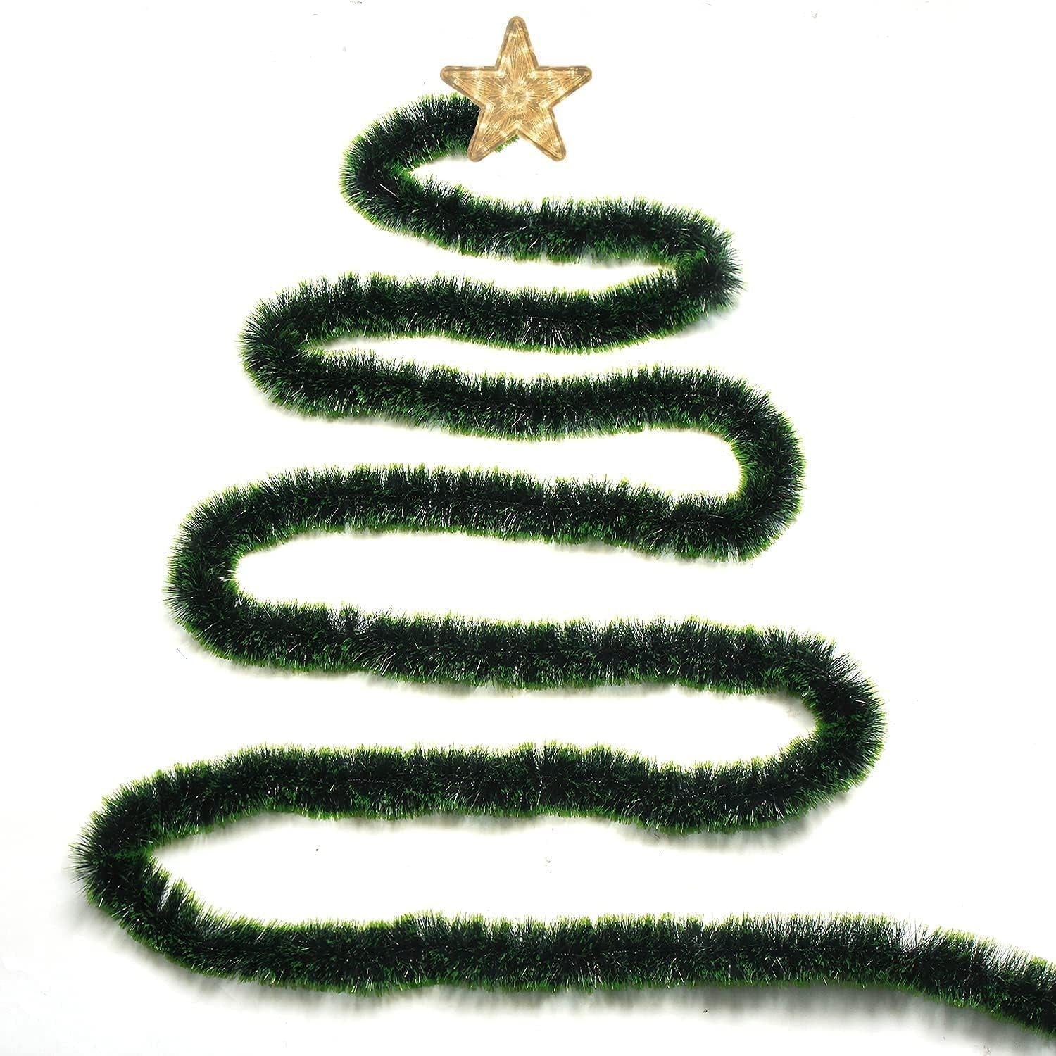 GoHooked green tinsel garland with a star topper, shaped like a Christmas tree. Plastic material.