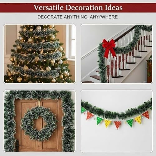 GoHooked Set of 3 green tinsel garlands with white tips, perfect for Christmas trees, banisters, and doors.