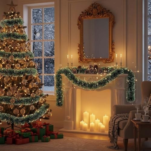 GoHooked Set of 3 green tinsel garlands with white tips, perfect for Christmas tree and home decor.