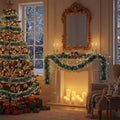 GoHooked green and white tinsel garland draped over a fireplace and around a Christmas tree.