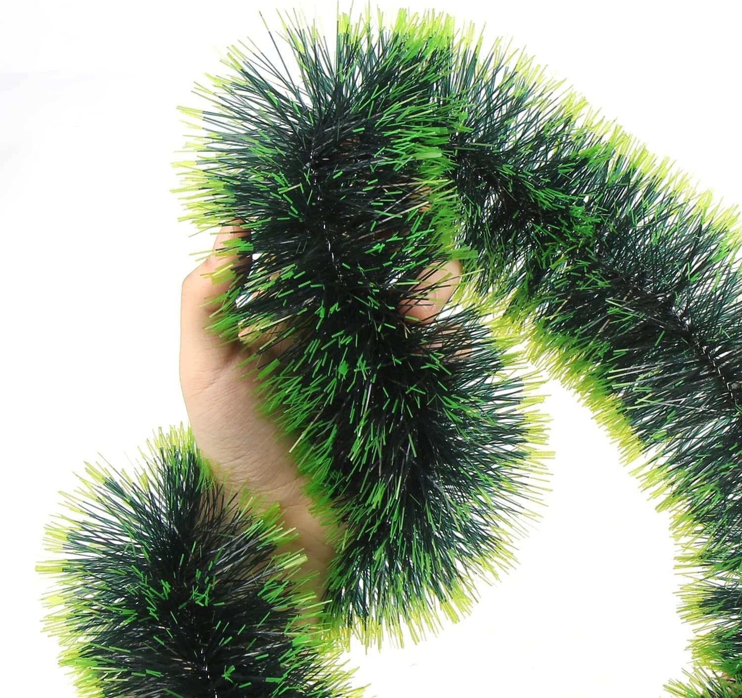GoHooked Set of 3 green and white dual-tone plastic tinsel garlands for Christmas decoration.