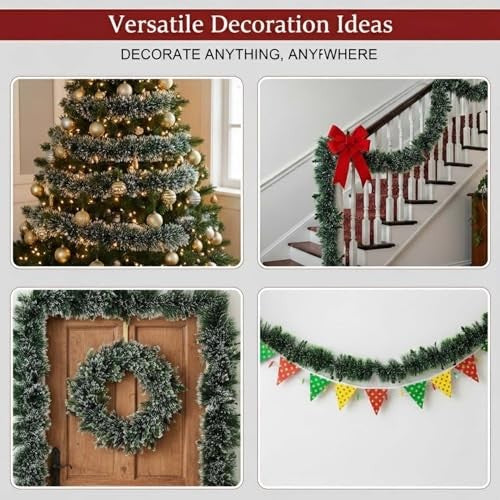 GoHooked green and white tinsel garlands for Christmas tree, staircase, door, and wall decor.