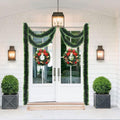 GoHooked set of 5 green plastic tinsel garlands draped around a white door with two Christmas wreaths.
