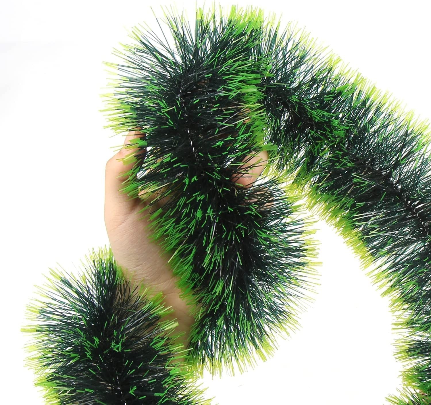 GoHooked dual-tone green and white plastic tinsel garland for Christmas tree and home decor.