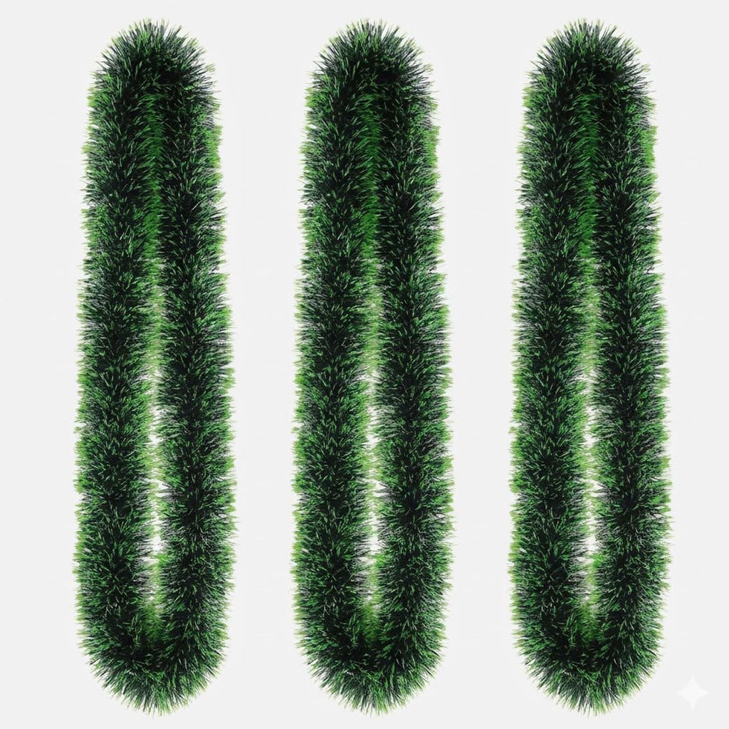 GoHooked Set of 3 green plastic tinsel garlands for Christmas tree and home decor. Each garland is 180 cm long.