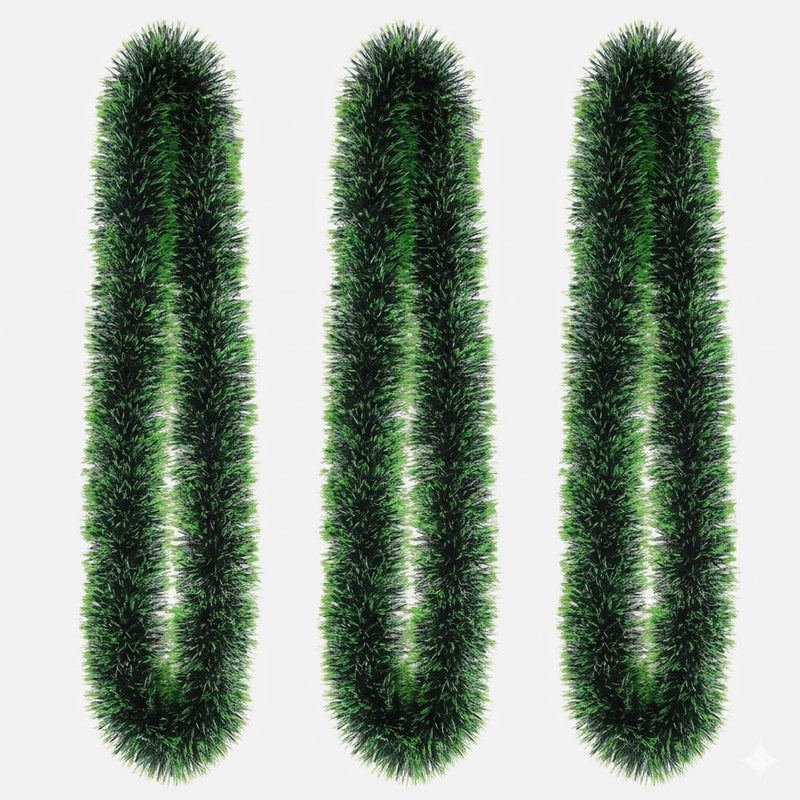 GoHooked Set of 3 green plastic tinsel garlands for Christmas tree and home decor. Each garland is 180 cm long.