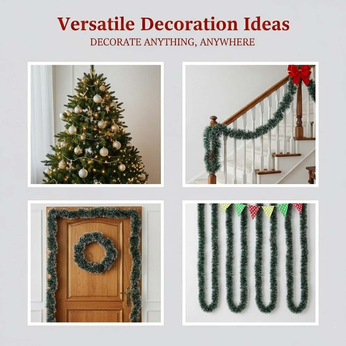 GoHooked green-white tinsel garlands for Christmas tree, banister, door, and wall decor.
