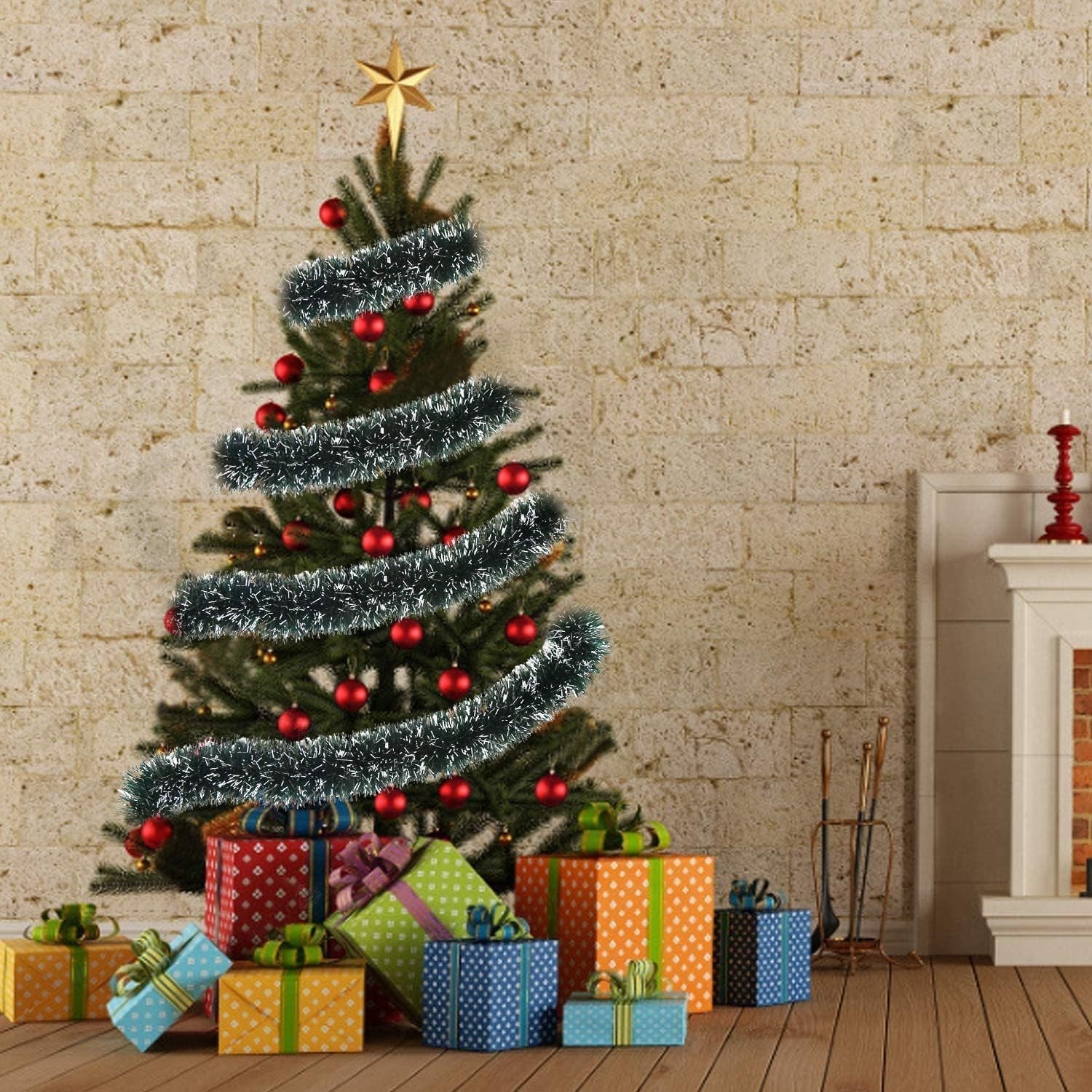 GoHooked green and white tinsel garland draped on a Christmas tree with red ornaments and gifts below.