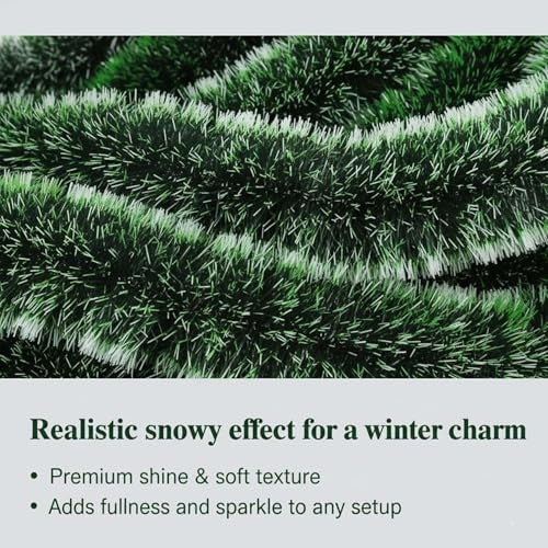 GoHooked green and white tinsel Christmas garland with a realistic snowy effect, 180cm length.