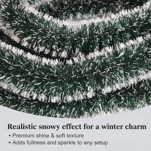 GoHooked green and white tinsel garland with a realistic snowy effect, perfect for Christmas decor.