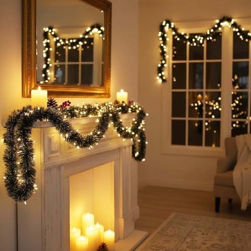 GoHooked Set of 3 green and white tinsel garlands with white LED lights, draped over a fireplace and window.