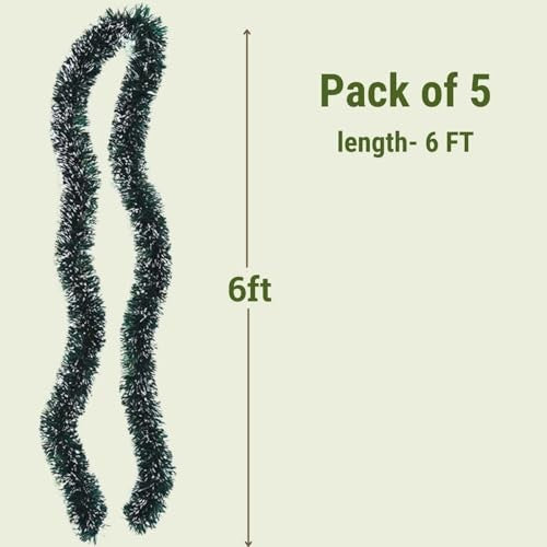 GoHooked Set of 5 green and white tinsel garlands, 6ft long, for Christmas decoration.