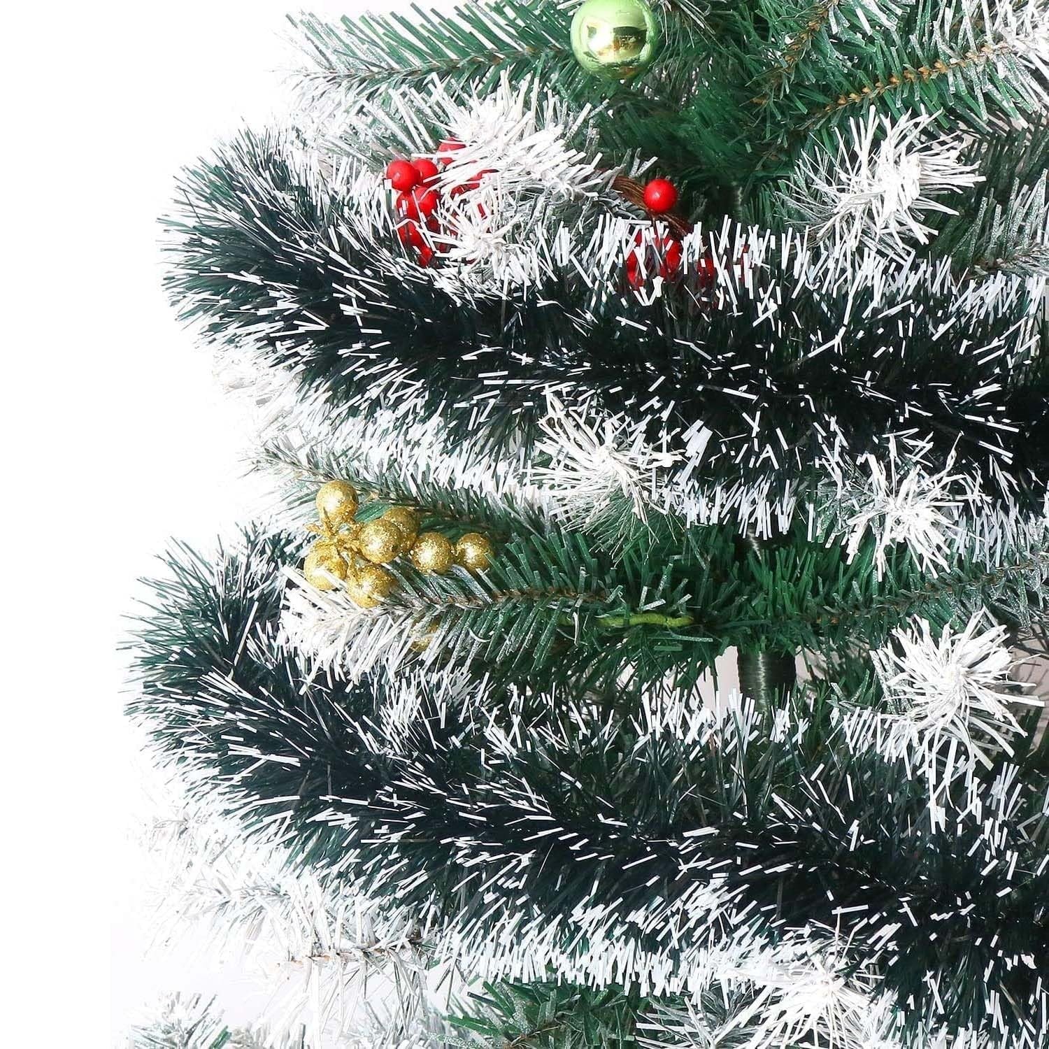 GoHooked Set of 3 green and white tinsel garlands with red berries and gold baubles on a Christmas tree.