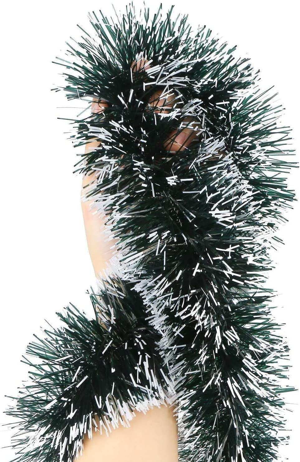 GoHooked Set of 3 green and white tinsel garlands, 180cm each, for Christmas tree and home decor.