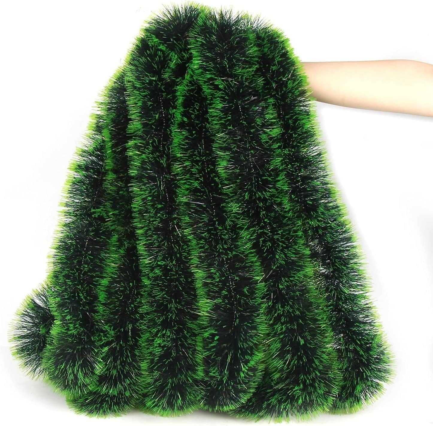 GoHooked Set of 5 green and white dual-tone plastic tinsel garlands for Christmas tree and home decor.