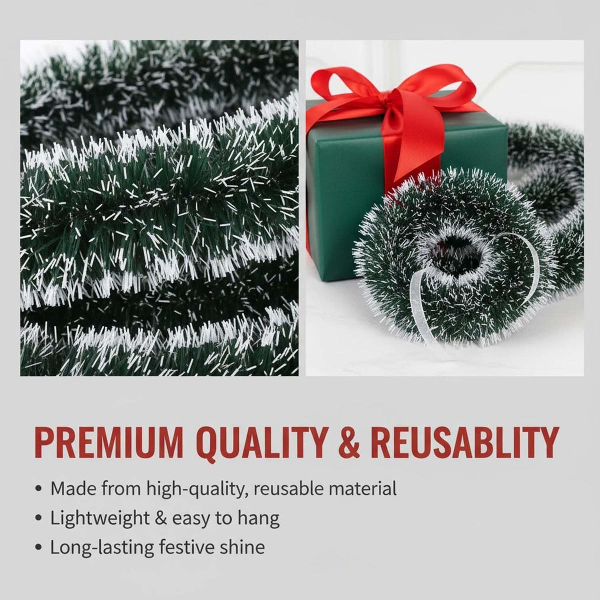 GoHooked green and white tinsel garlands for Christmas decoration. Set of 5.