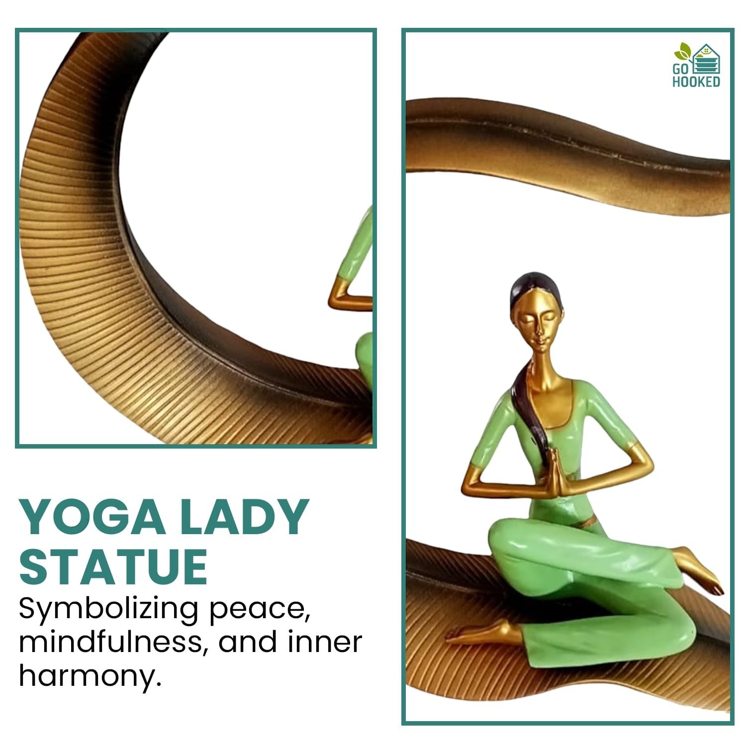 Go Hooked green polyresin meditating yoga lady statue with gold accents, symbolizing peace and mindfulness.