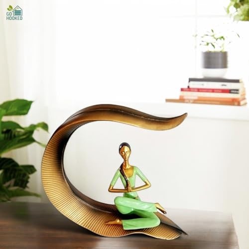 Go Hooked green polyresin meditating woman yoga statue with gold leaf accent, 22cm tall.