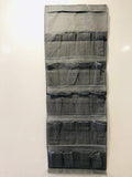 GoHooked grey fabric 20-pocket over-the-door organizer for shoes, accessories, or household items. Space-saving design.