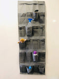 GoHooked grey fabric 20-pocket over-the-door organizer with clear pockets holding various items like a spray bottle and toys.