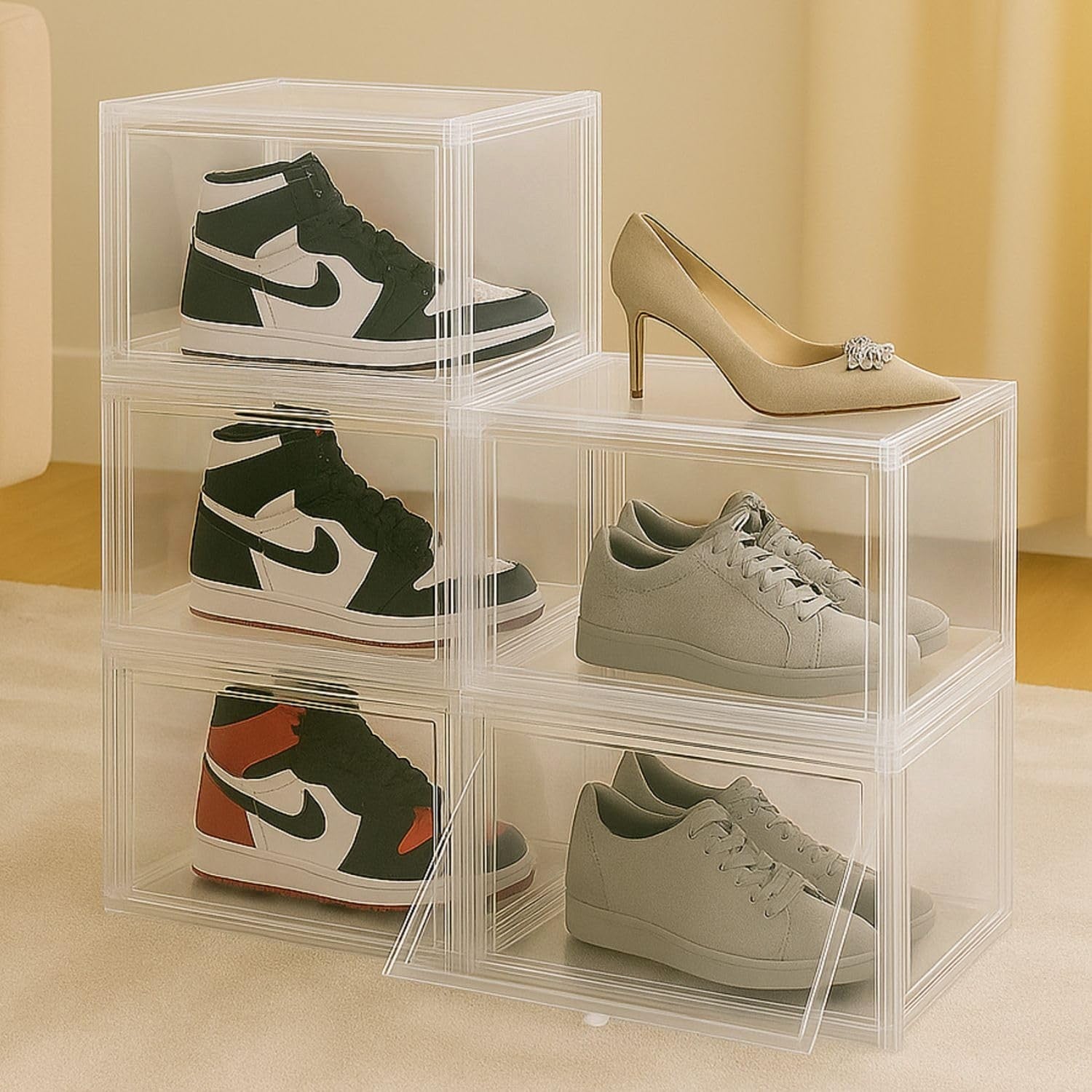 Go Hooked grey acrylic shoe boxes with magnetic front doors, stackable for sneaker display and organization. Pack of 5.