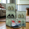 Go Hooked grey acrylic shoe boxes with magnetic front doors, stackable and dustproof. Holds sneakers.