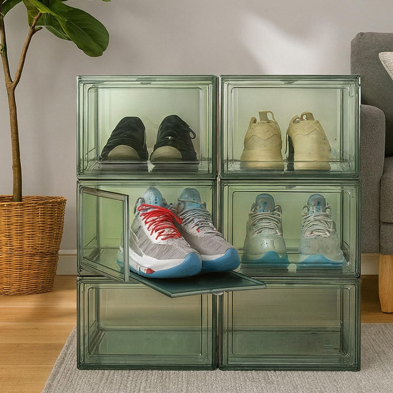 Go Hooked grey acrylic shoe boxes with magnetic front doors, stackable and dustproof, displaying sneakers.