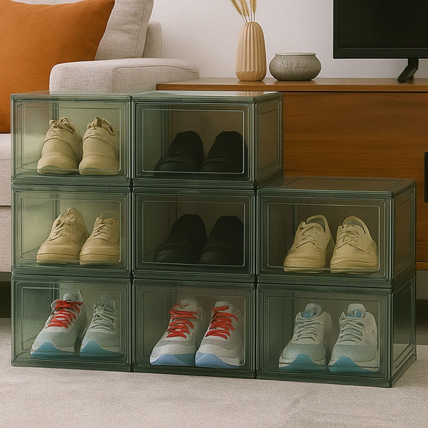 Go Hooked grey acrylic stackable shoe boxes with magnetic front doors, displaying sneakers and dress shoes.