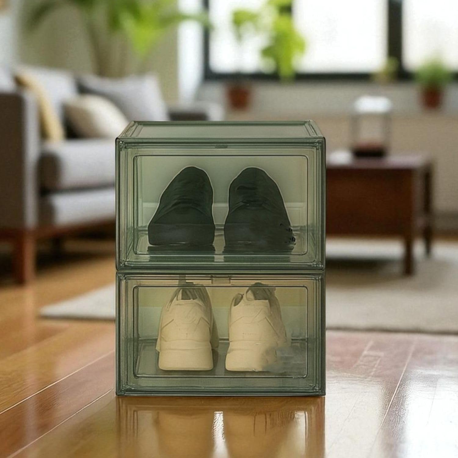 Go Hooked grey acrylic shoe box with magnetic front door, stackable sneaker display organizer. Holds two pairs of shoes.