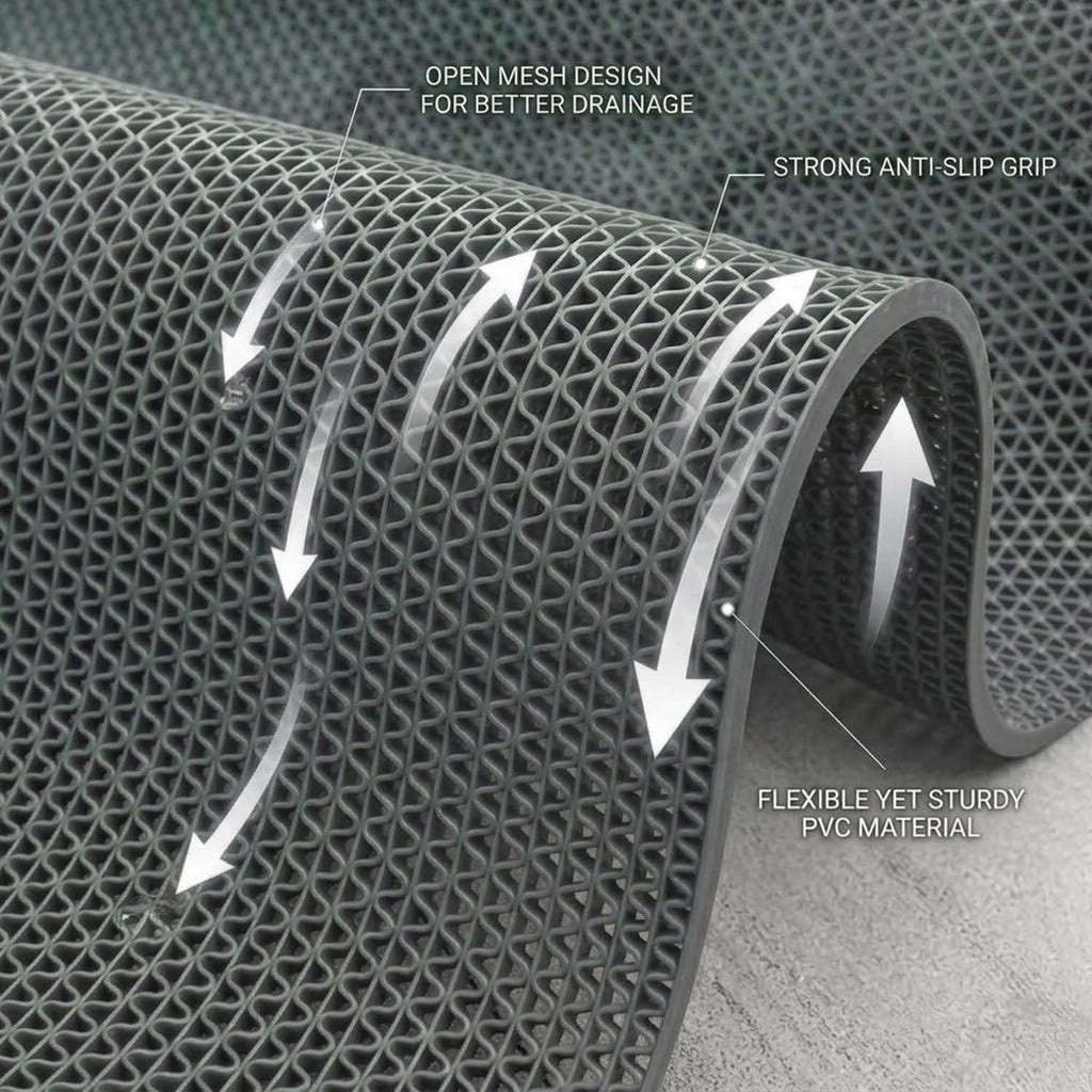 GoHooked grey PVC-rubber blend anti-skid bathroom mat with open mesh design for quick drainage.