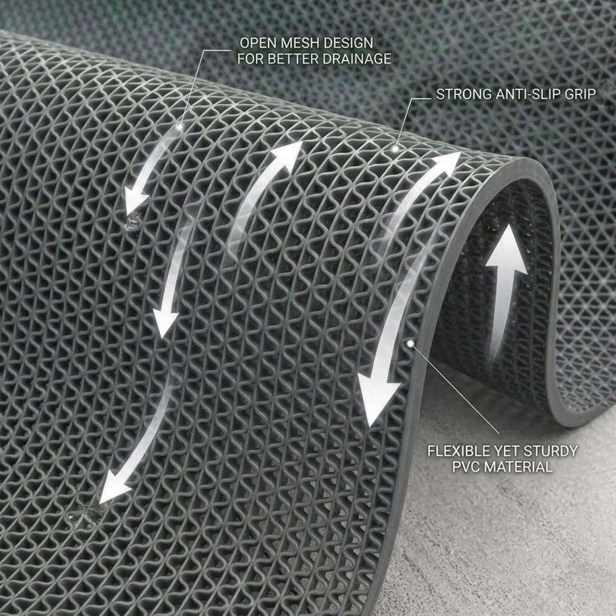 GoHooked grey PVC-rubber blend anti-skid bathroom mat with open mesh design for quick drainage.