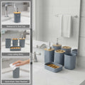 Go Hooked grey textured plastic 4-piece bathroom accessories set with soap dispenser, toothbrush holder, tumbler, and soap dish.