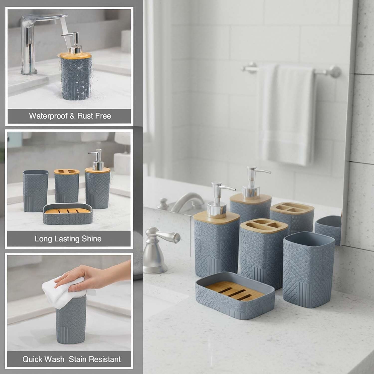 Go Hooked grey textured plastic 4-piece bathroom accessories set with soap dispenser, toothbrush holder, tumbler, and soap dish.