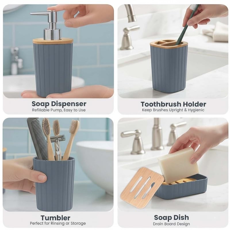 GoHooked grey ribbed bathroom accessories set: soap dispenser, toothbrush holder, tumbler, and soap dish. Modern design.
