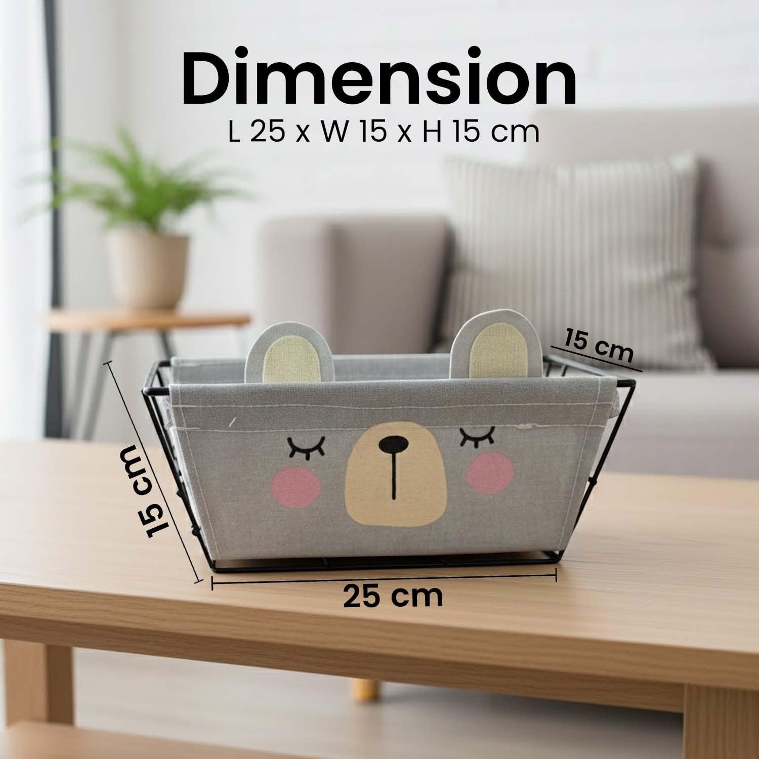 Go Hooked grey metal wire storage basket with cute bear face design and detachable fabric liner. Ideal for kids' rooms.