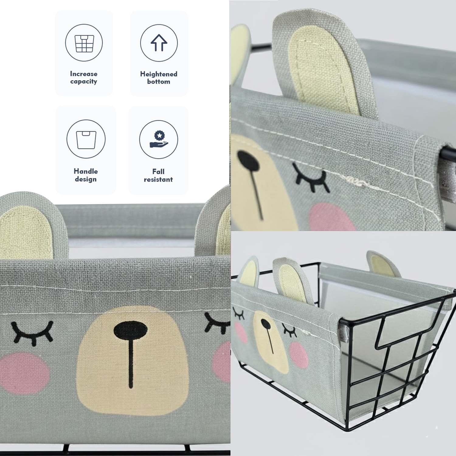 GoHooked grey metal wire storage basket with cute bear face design and detachable fabric liner, ideal for kids' rooms.