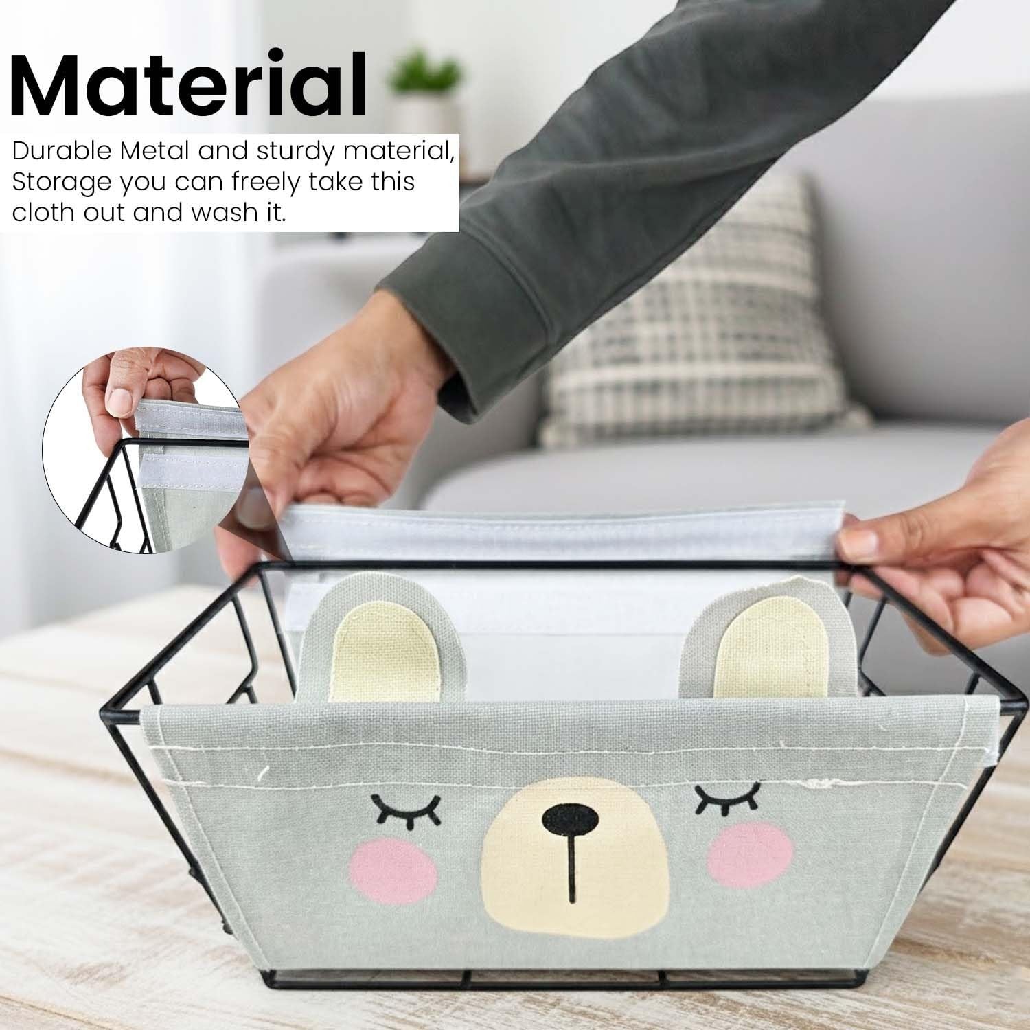 Go Hooked grey metal wire storage basket with cute bear face design and detachable fabric liner. Ideal for kids' rooms.