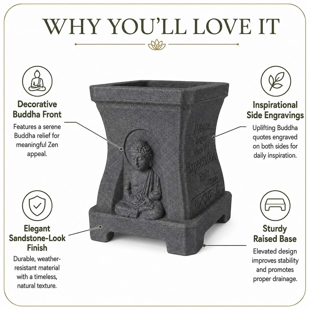 GoHooked grey square polymer planter with Buddha relief, stone-look texture, and inspirational side quote engravings.