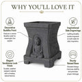 GoHooked grey square polymer planter with Buddha relief, stone-look texture, and inspirational side quote engravings.