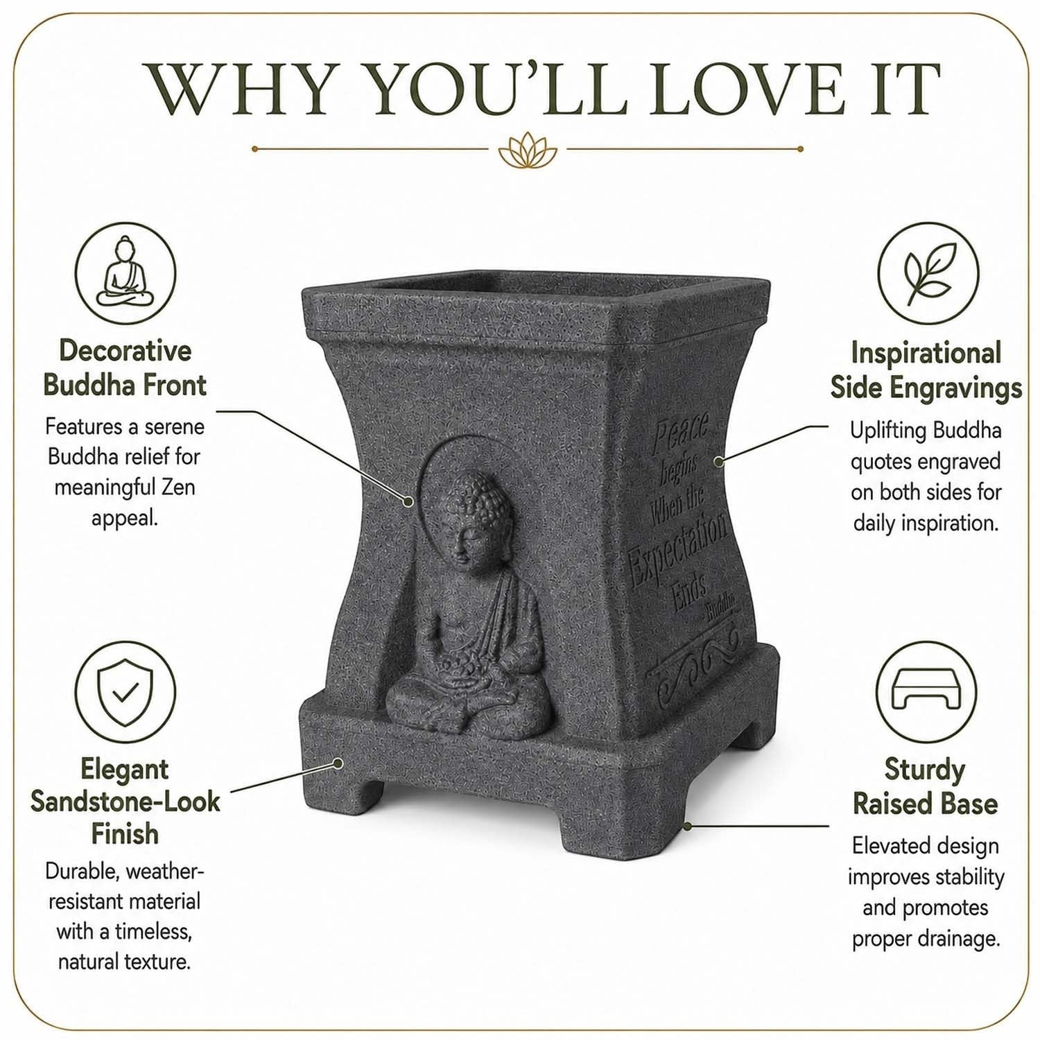 GoHooked grey square polymer planter with Buddha relief, stone-look texture, and inspirational side quote engravings.