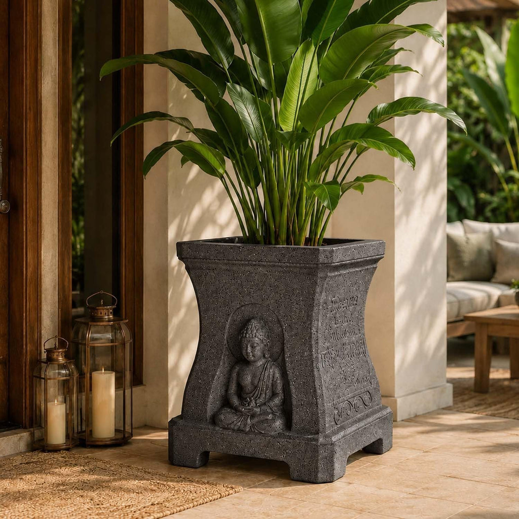 GoHooked grey square polymer planter with a serene Buddha relief and inspirational quotes on a patio.