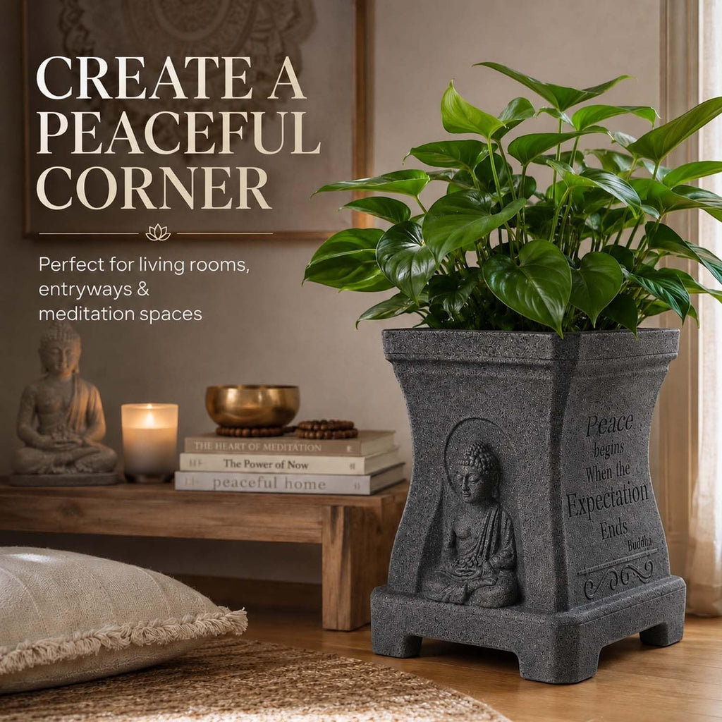 GoHooked grey polymer square Buddha planter with stone-look texture, engraved quotes, and a lush green plant inside.