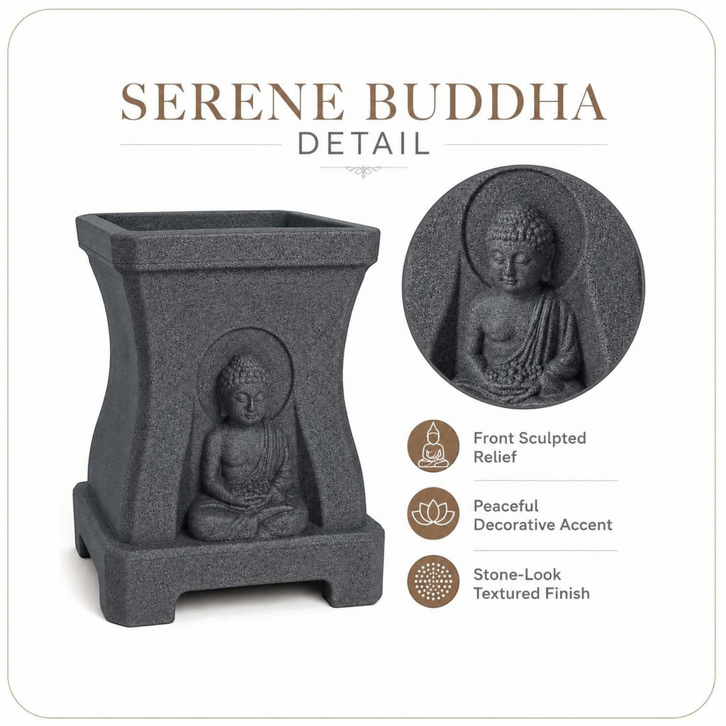 GoHooked grey square Buddha planter pot with stone-look texture and serene sculpted relief design