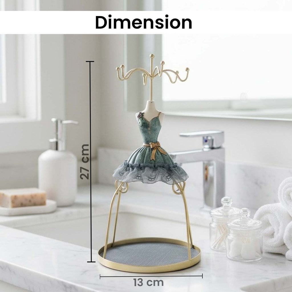 GoHooked grey doll dress jewelry stand with gold metal hooks and base tray for organizing necklaces and earrings.